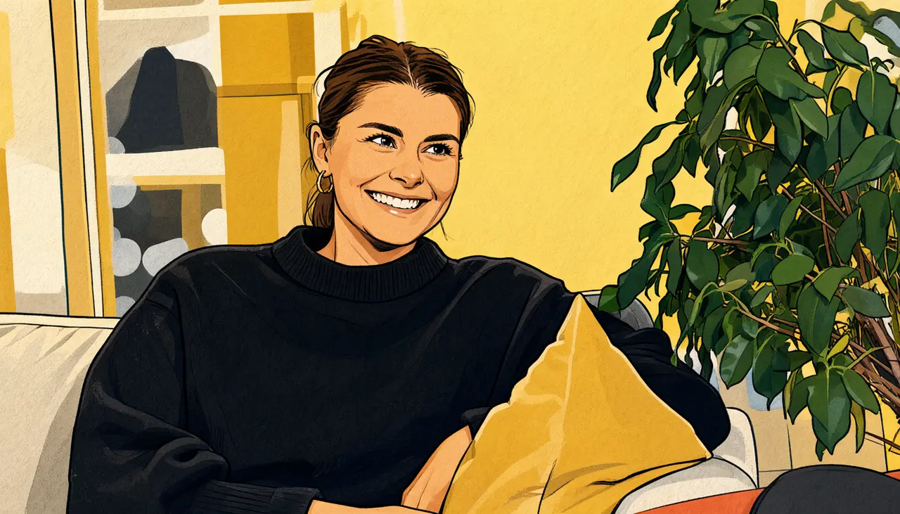 Illustrated woman with tied-back brown hair and black sweater smiling on a couch beside a yellow pillow and houseplant.