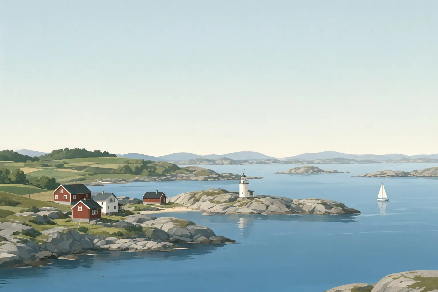 Illustrasjon av Vestfold-kysten med svaberg, fyr og røde hus